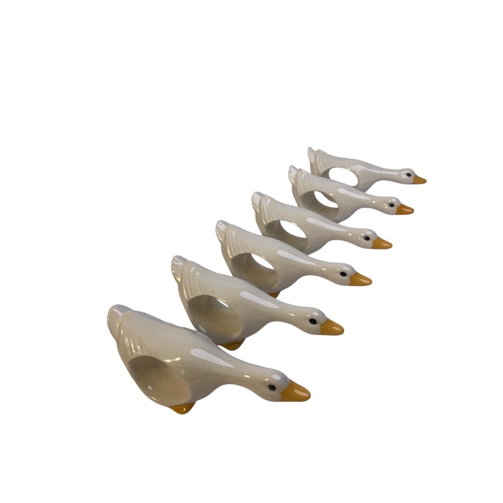 Vintage 80s Ceramic Goose Napkin Rings Set/6 White Farmhouse Country Cottagecore
